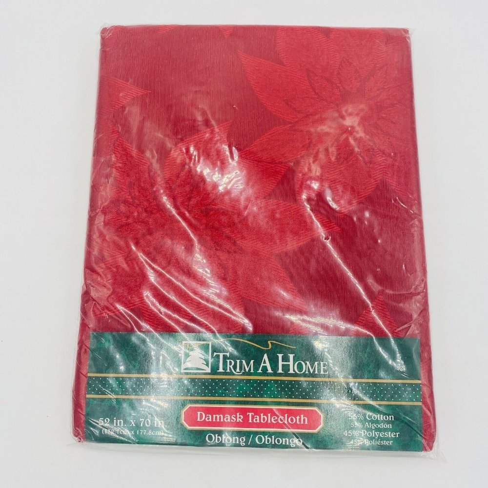 Trim A Home Red Fabric Cloth Poinsettia Embossed Damask Tablecloth 52" New